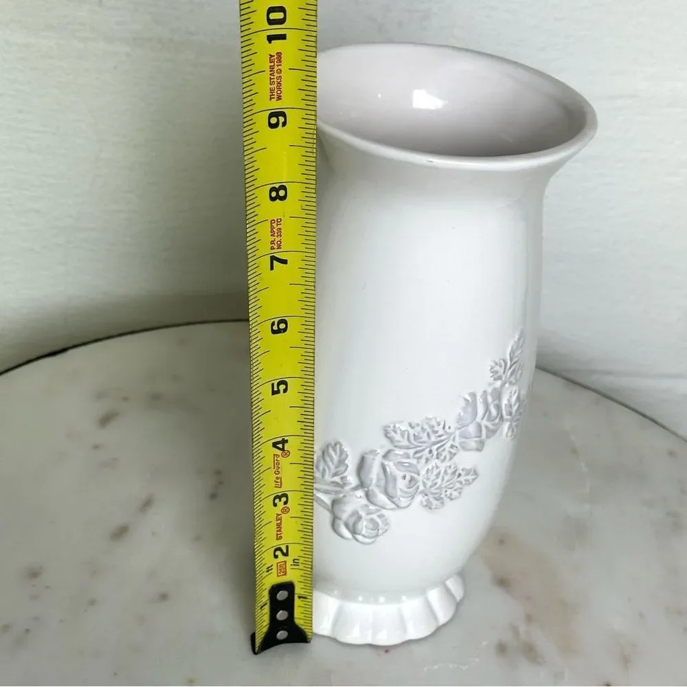 White Ceramic Vase Embossed Floral Pedestal Base Classic Decor 9 Inch